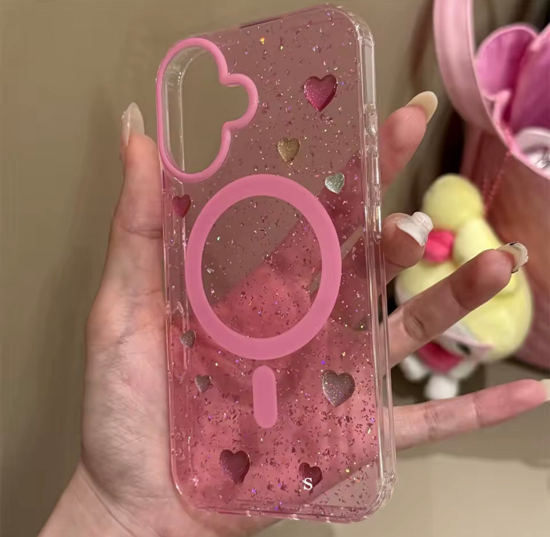 Cover Rosado con Corazones Brillantes y Soporte MagSafe IPhone 17 Air