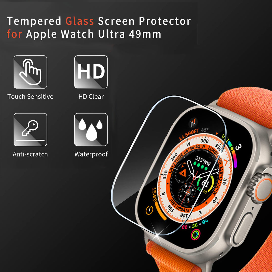 Protector de pantalla  Cristal templado HD con borde para  watch Series Ultra 8 y 9-49MM,